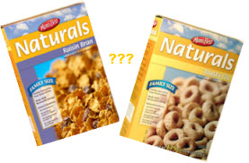 raisin bran and toasted oats cereal boxes